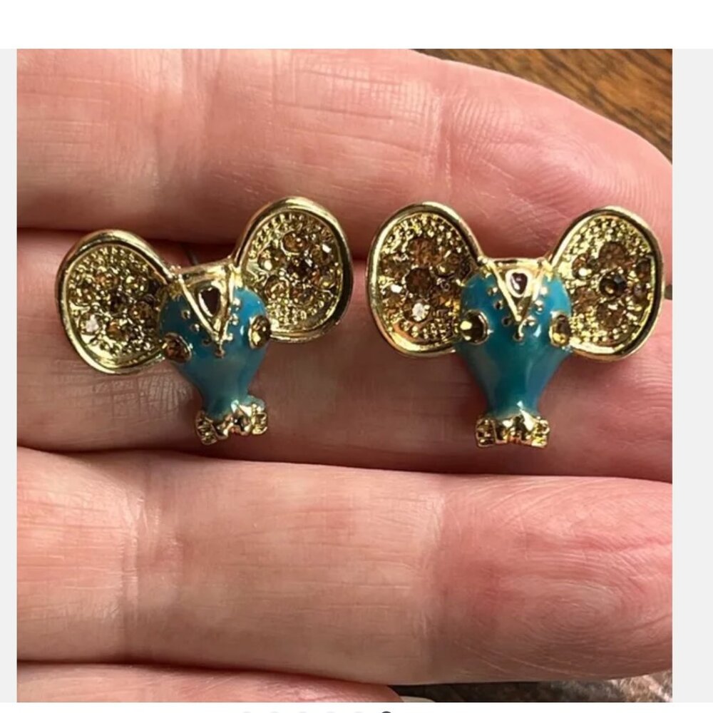 Gorgeous Rhinestone & Teal Enamel Elephant Head Pierced Earrings